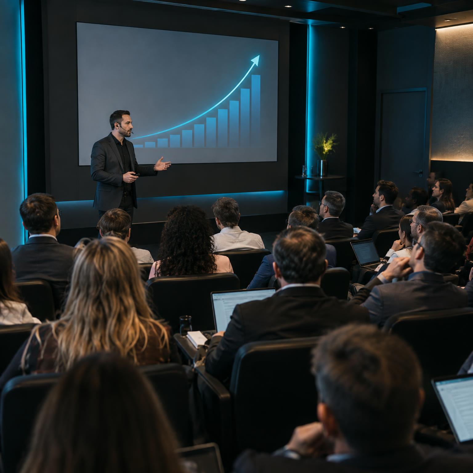 Instrutor apresenta gráfico de crescimento para empresários em workshop presencial de IA
