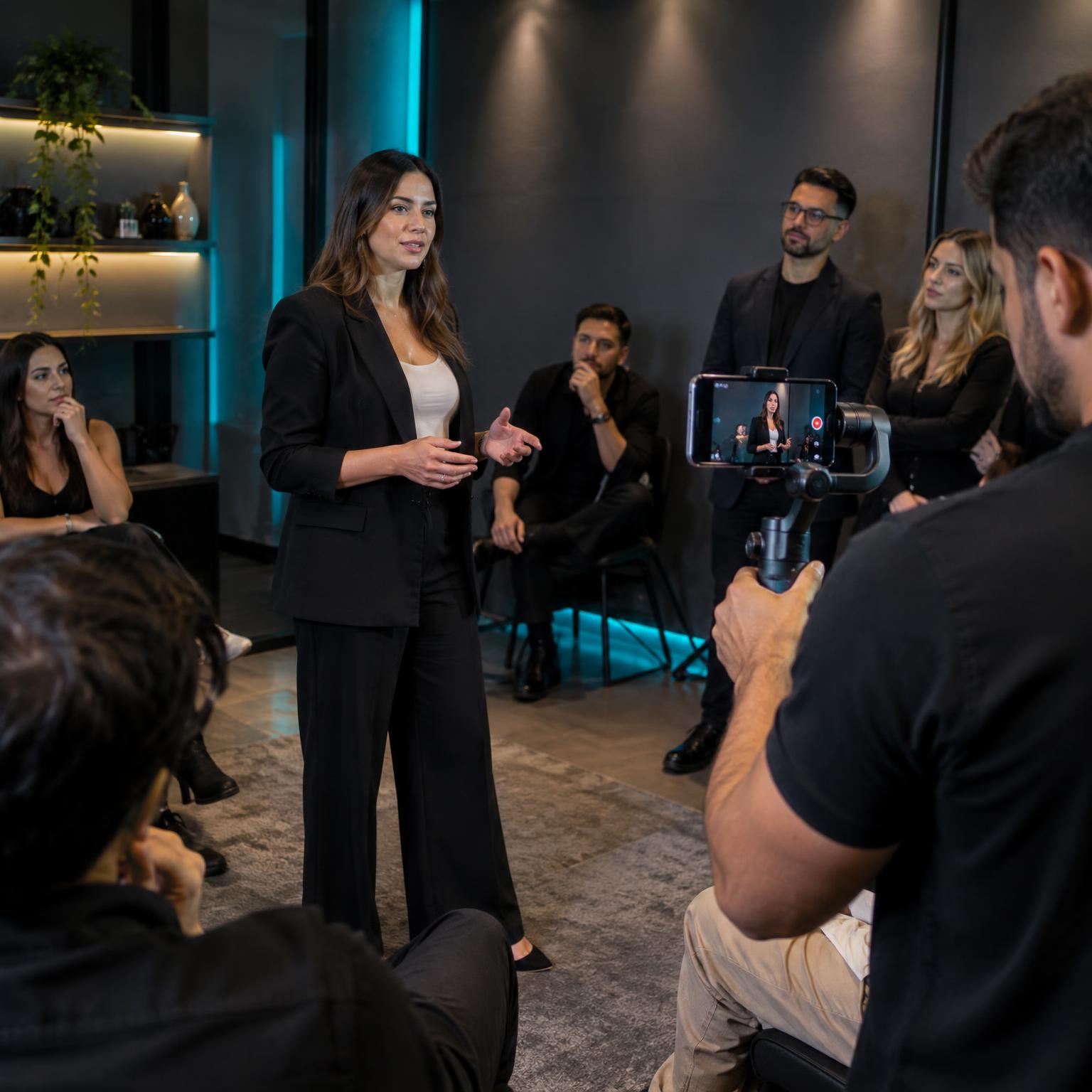 Participante grava uma executiva com celular em gimbal durante workshop presencial